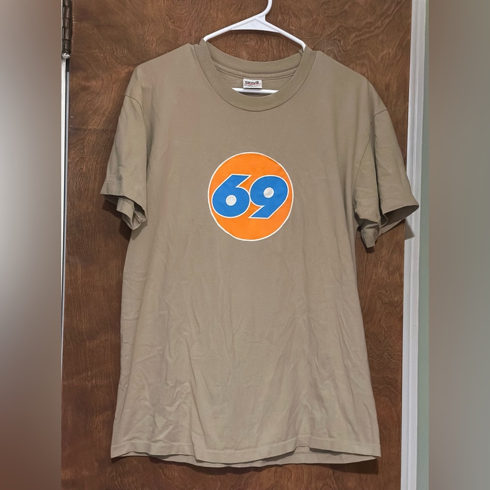 Vintage brown/Beige T-Shirt with Blue and Orange 69 Graphic